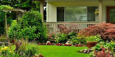 A well-maintained garden with various plants and flowers in front of a house.