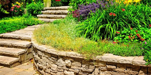 Lush greenery around a freshly power washed walkway