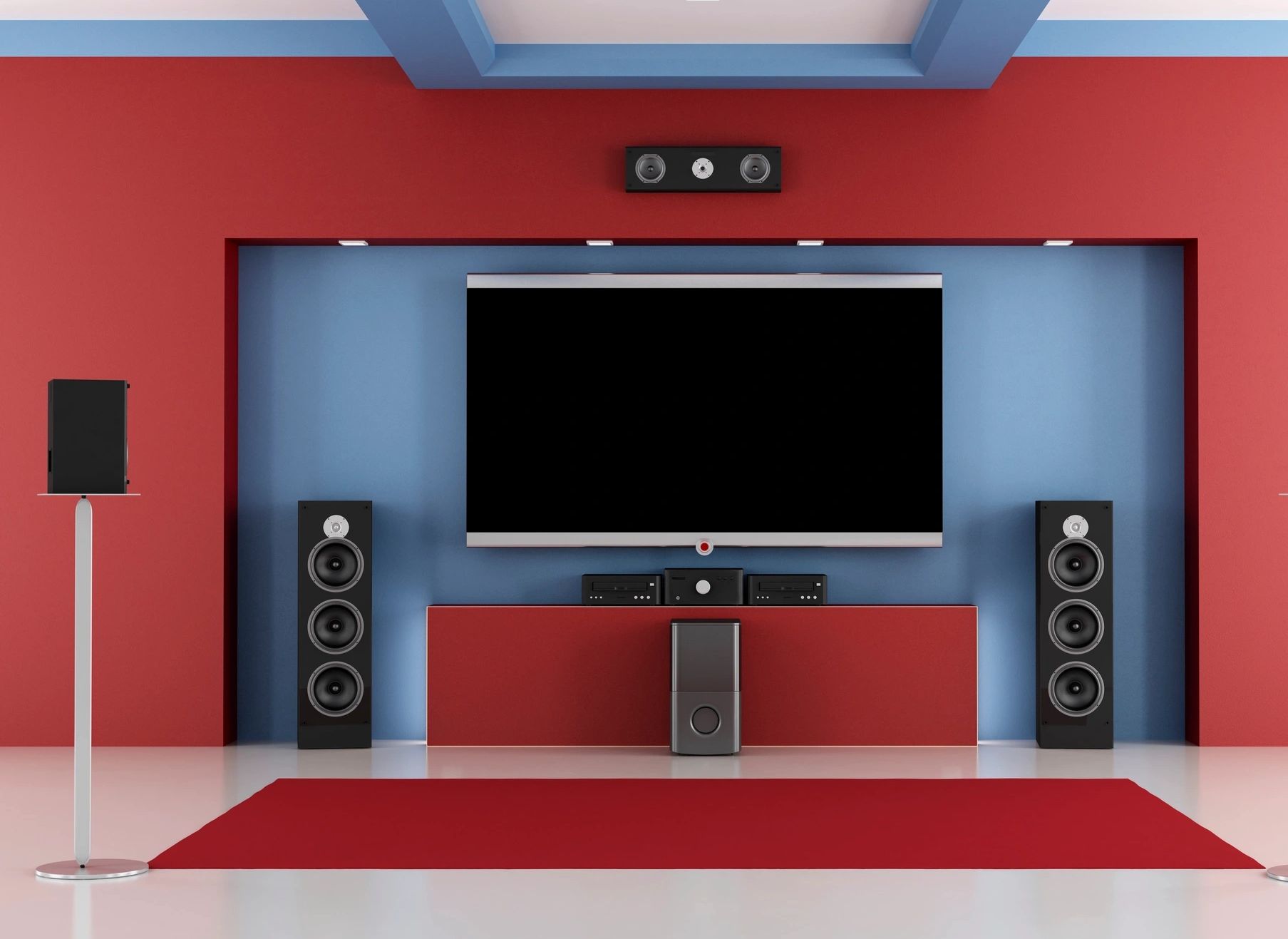 Home theater painted in bold red with cool blue accent wall, ceiling bulkhead and trim.