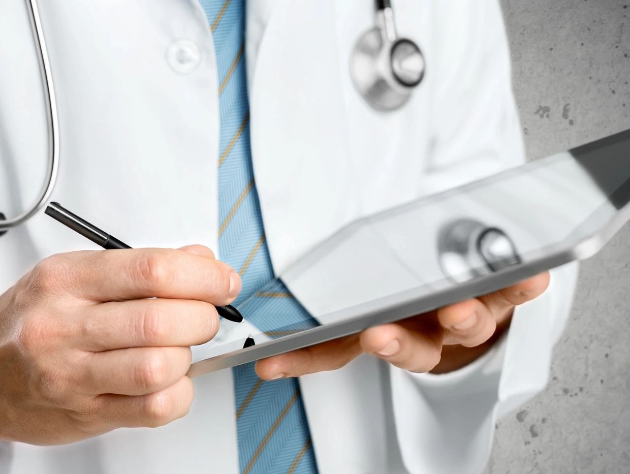Doctor writing on a tablet with a stylus pen.