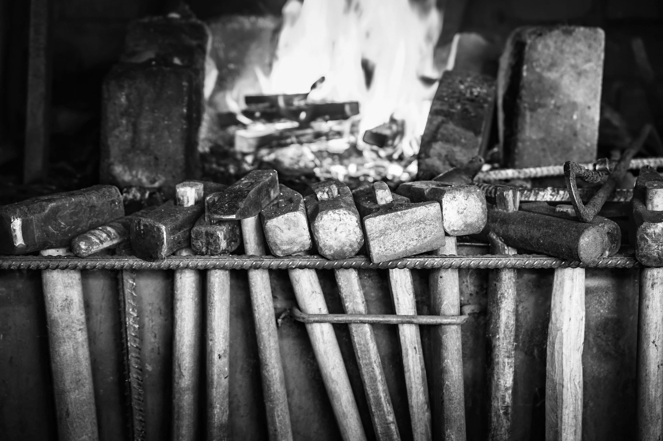 Rustic forge, handmade hammers, tools, knives, damascus, steel, metal, fire, 