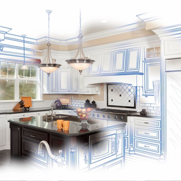 A kitchen design blending realistic and sketched elements with a central island and hanging lights.