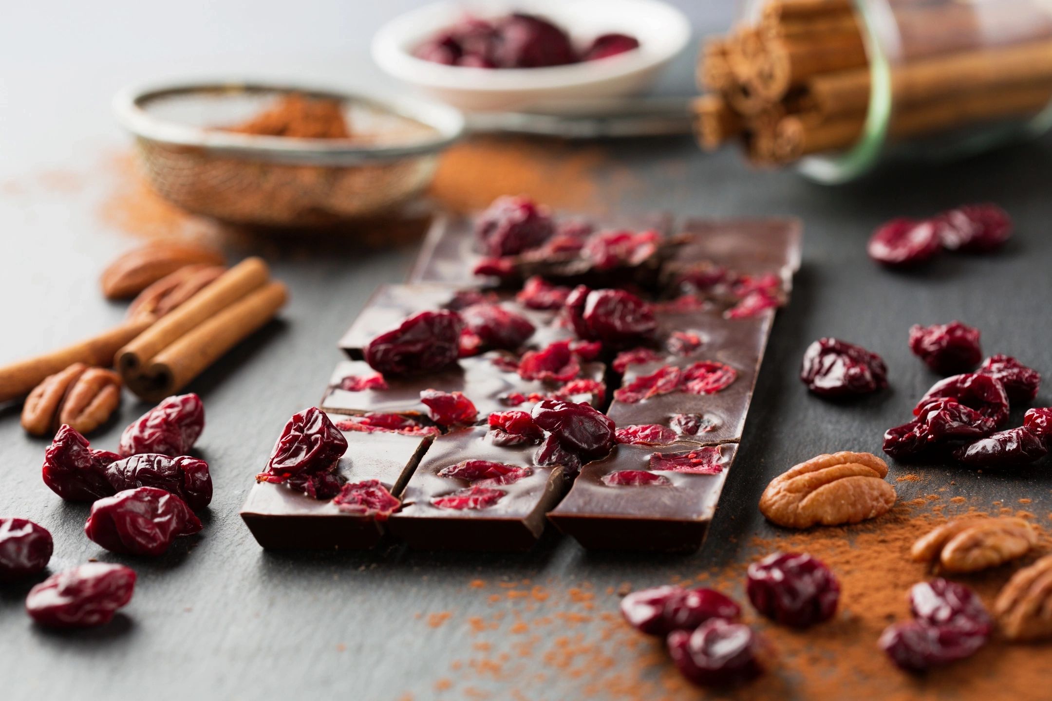 Chocolate with cranberry, cinnamon, and nuts / Healthy nutrition
