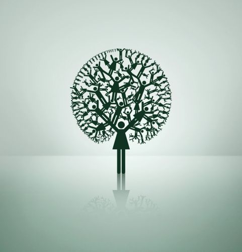 A tree made of multiple human figures forming branches and leaves.