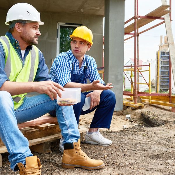 Two construction workers take a break and talk at a building site.