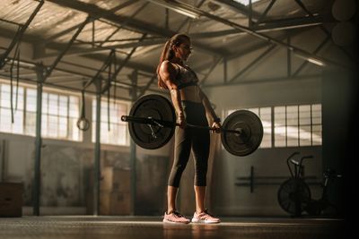Woman lifting weights and working out. 