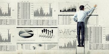 A person standing on a stool in front of a wall with business graphs