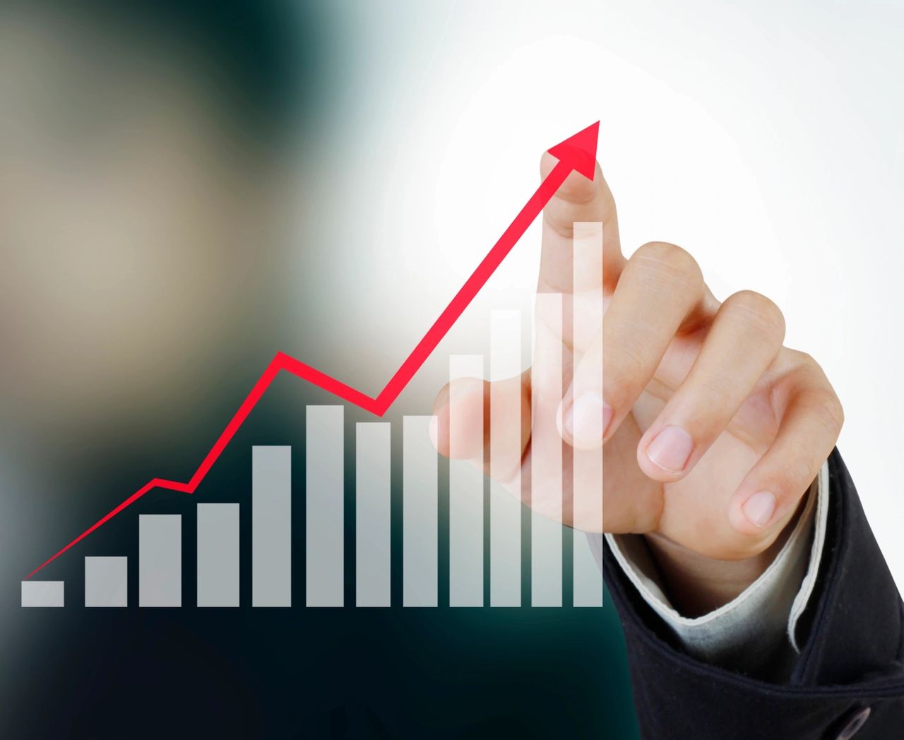 A bar graph shows continuous longer bars, moving upward, with a red arrow following it's upward path.