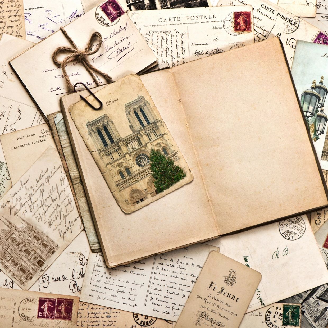 Vintage postcards and an old open book with a Paris postcard attached.