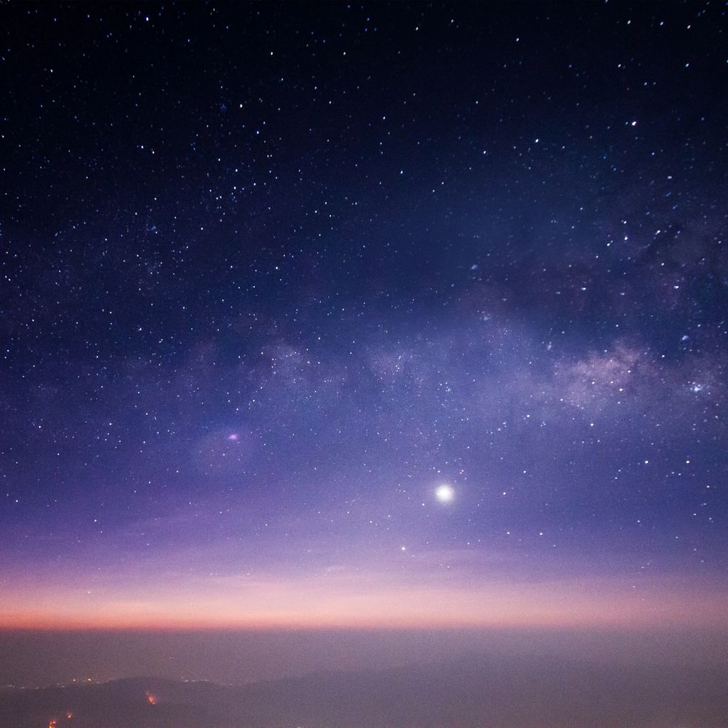 Starry night sky with the Milky Way and a glowing horizon at dusk.