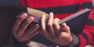 Person wearing a red and black striped sweater holding and reading a book.