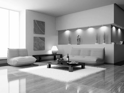 Modern monochrome living room with sleek furniture and ambient lighting.