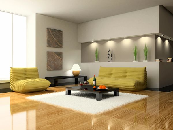 Modern living room with yellow seating and a minimalist coffee table.