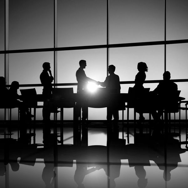 Silhouetted business people shaking hands in a meeting room with large windows.