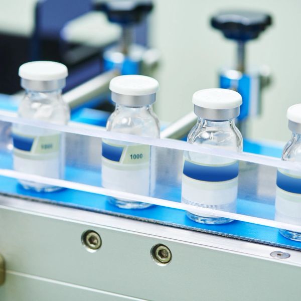 Vaccine vials moving on a production line in a pharmaceutical facility.