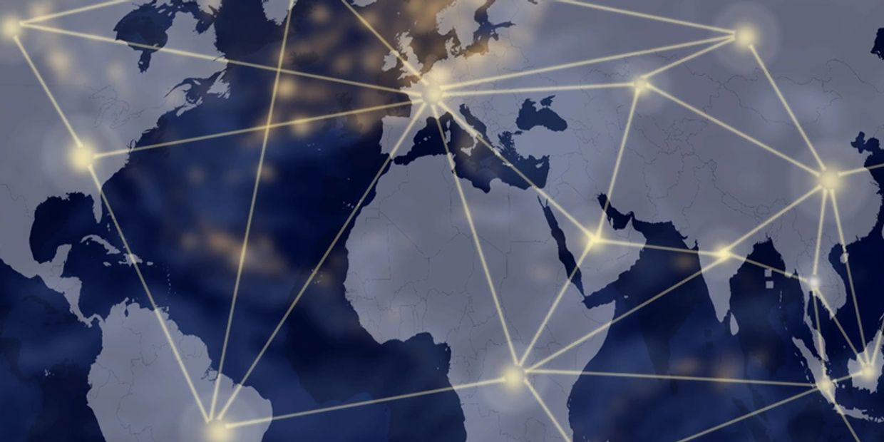 Global network connections visualized across continents on a dark map background.