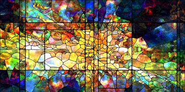 Colorful stained glass window with intricate designs.