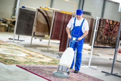Hombre limpiando alfombra con máquina especializada.