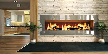 Modern living room with a sleek fireplace.