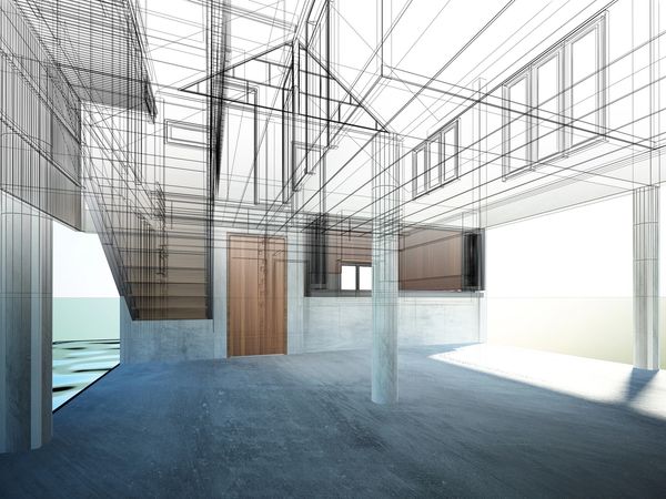 Wireframe architectural design of a modern building interior with stairs and large windows.