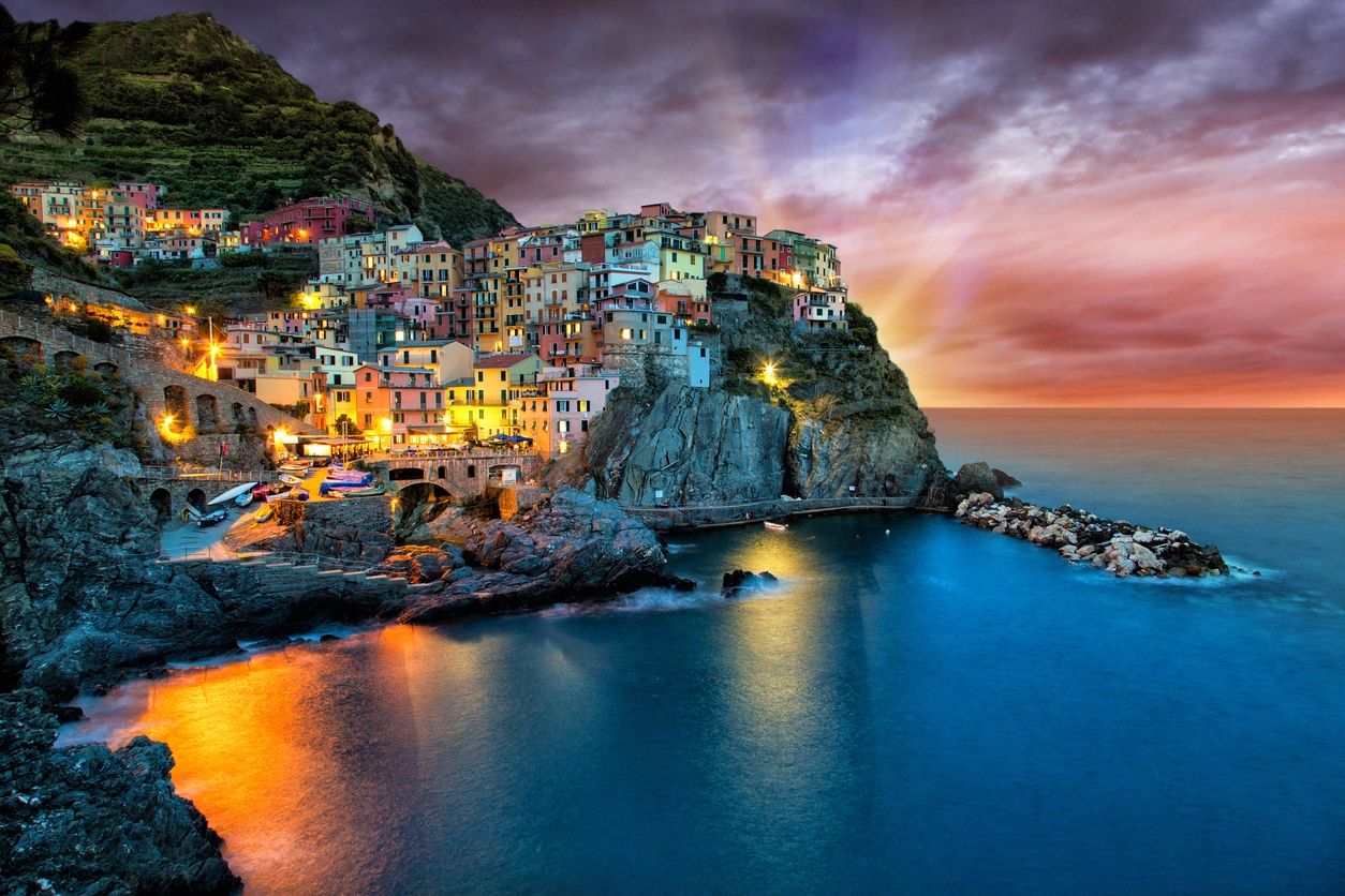 Cinque Terre, Italy. Homes on a hillside over-looking the seaside. 