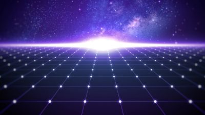 A glowing grid extending towards a bright horizon with stars above.