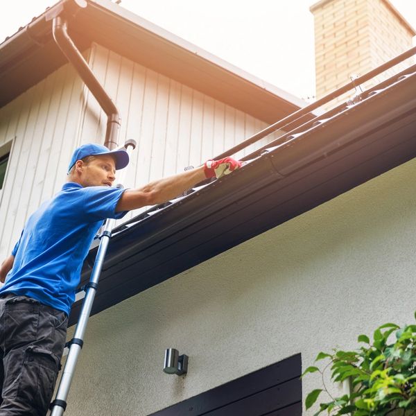 Man in uniform cleaning gutters on a ladder.