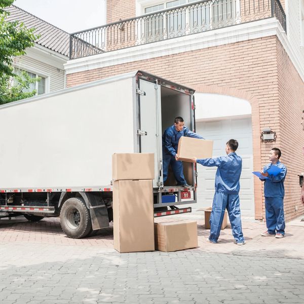 Professional Moving truck, uniformed crew, happy customers