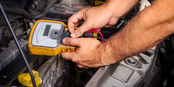 Technician doing electrical and engine diagnostics.