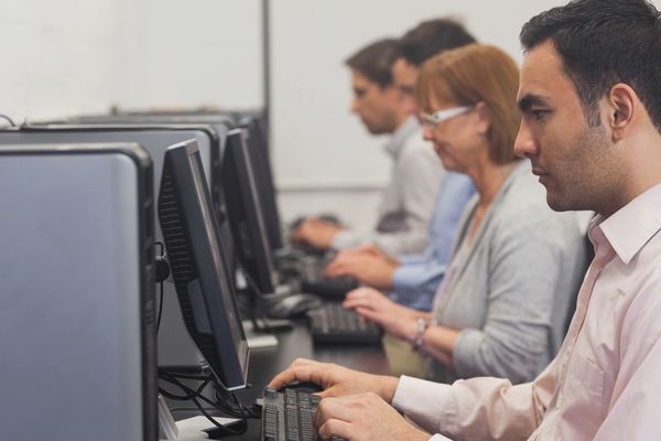 People working on computers in a row in an office setting.