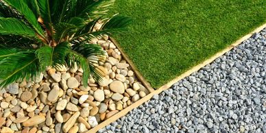 coastal yard services with rock and palm tree