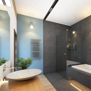 Modern bathroom with blue wall, glass shower, and wooden countertop.