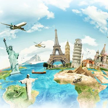 Planes overtop of a globe with popular tourist destinations, such as the Eiffle Tower, Taj Mahal