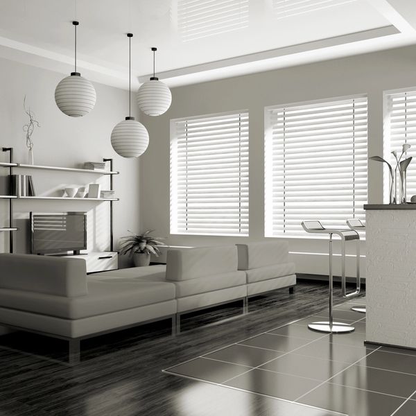 Living Room with couch and made to measure Venetian blinds