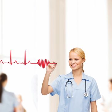 A nurse using a red marker to draw a heart with a beat stream coming from it. 