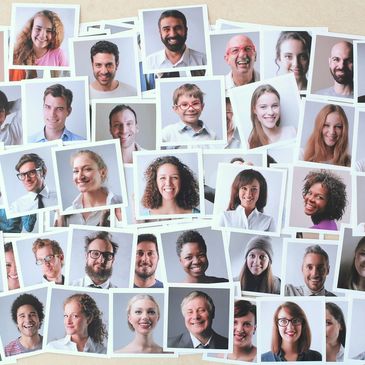 Various headshot snapshots of visually diverse people smiling