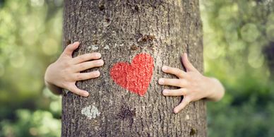 Tree trunk with red heart on it, child's hands around the tree trunk