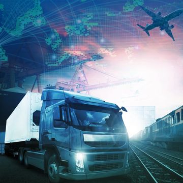 Modern logistics with truck, train, ship, and airplane against a digital global map.