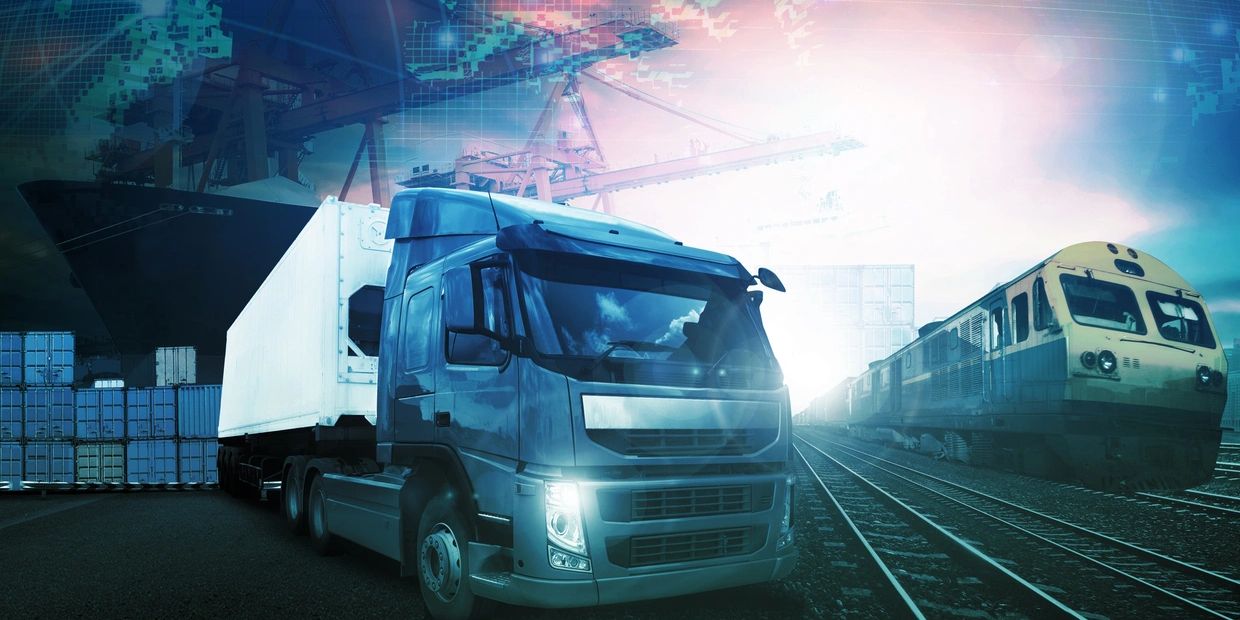 A truck, train, and ship represent multimodal transportation and logistics.