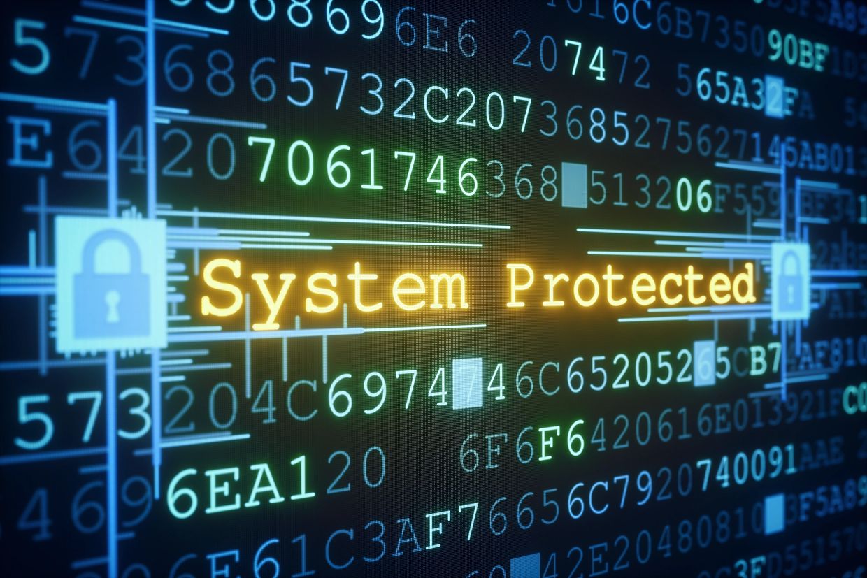 Digital screen showing 'System Protected' with security icons and code.