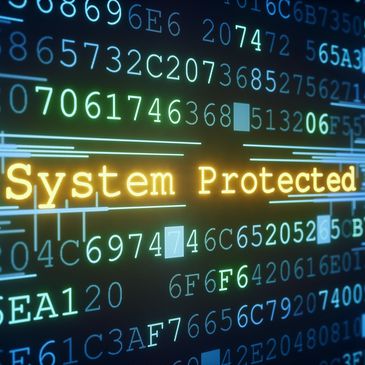 Digital screen displaying 'System Protected' amidst encrypted data code.