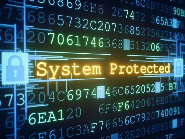 Digital screen displaying 'System Protected' with security icons and code.
