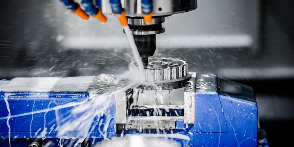 Part held in vise being milled using a CNC Mill. with coolant being sprayed directly on part