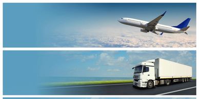 An airplane flying in the sky and a truck driving on a highway.