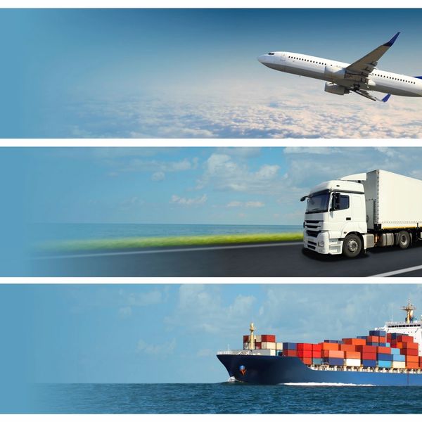 Transportation modes: airplane, truck, and cargo ship.