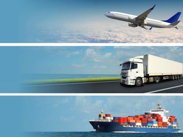 Airplane, truck, and cargo ship representing different transportation modes.