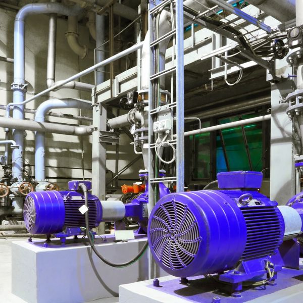 Industrial blue electric motors installed in a mechanical room with pipes.
