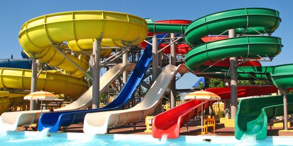 Colorful water slides at a water park.
