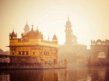 Golden Temple shining under soft morning light by the water.