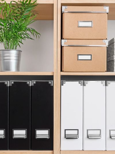 Organized wooden shelf with black and white file folders, cardboard boxes, and a potted plant.